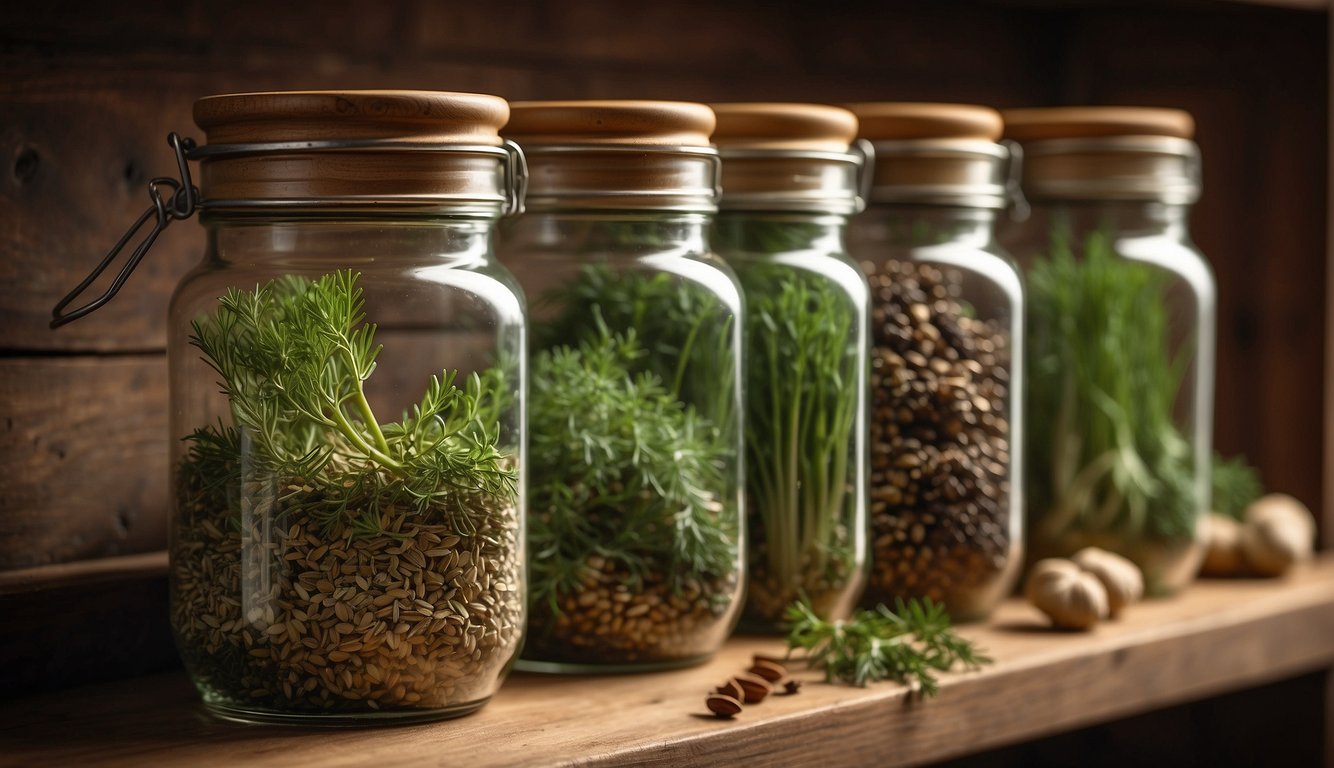 Dill and dill weed in glass jars on a wooden shelf, surrounded by other dried herbs and spices. Labels clearly indicate the contents