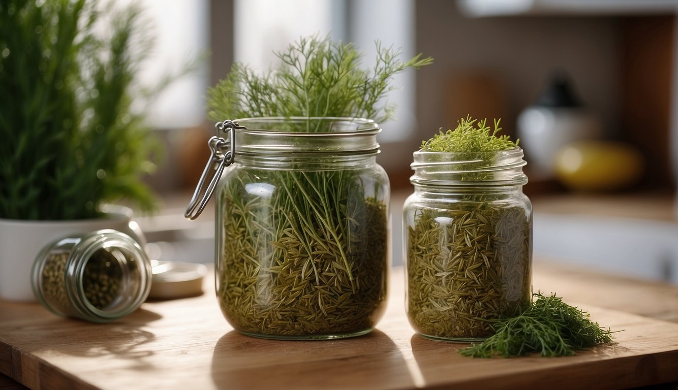 A jar of dried dill next to fresh dill weed on a cutting board, with a question mark hovering above them