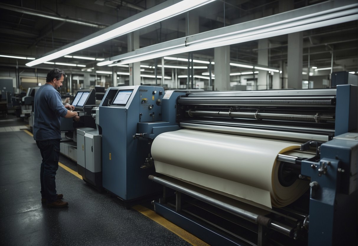 A large commercial printer in Boston hums with activity, as machines whir and paper rolls through the press, while workers monitor the process and ensure quality output