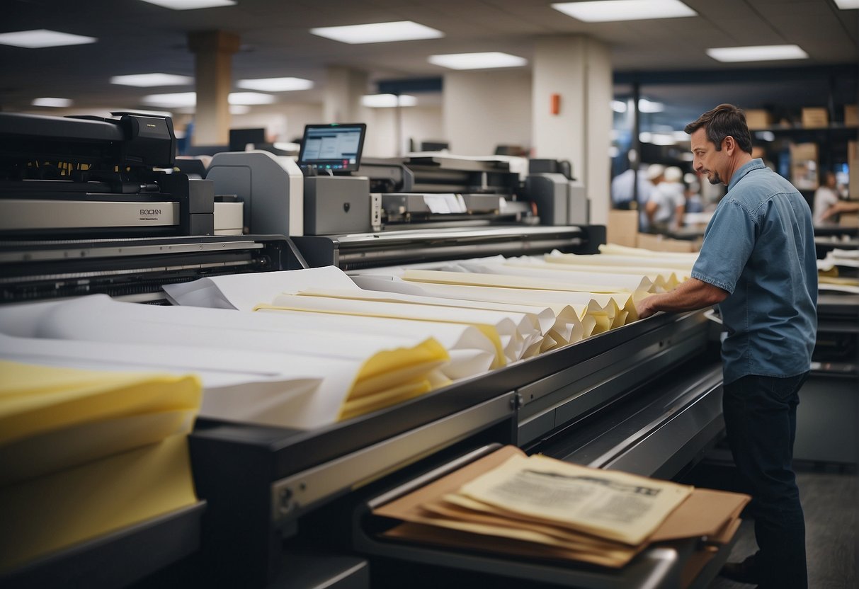 A busy print shop in Boston with large printers, stacks of paper, and workers in motion