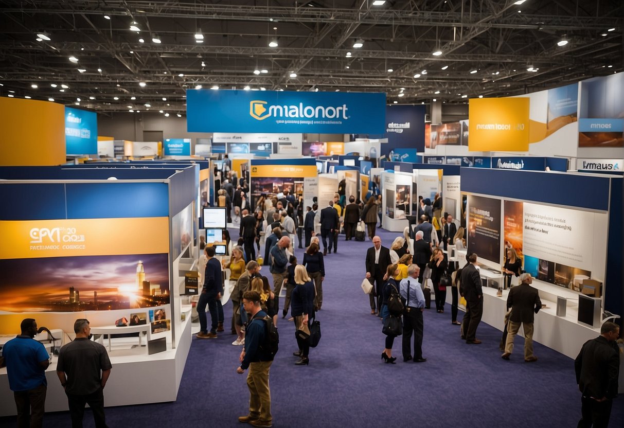 A bustling trade show floor in Boston, with vibrant banners and promotional materials on display. Attendees engage with exhibitors, while the hum of networking fills the air