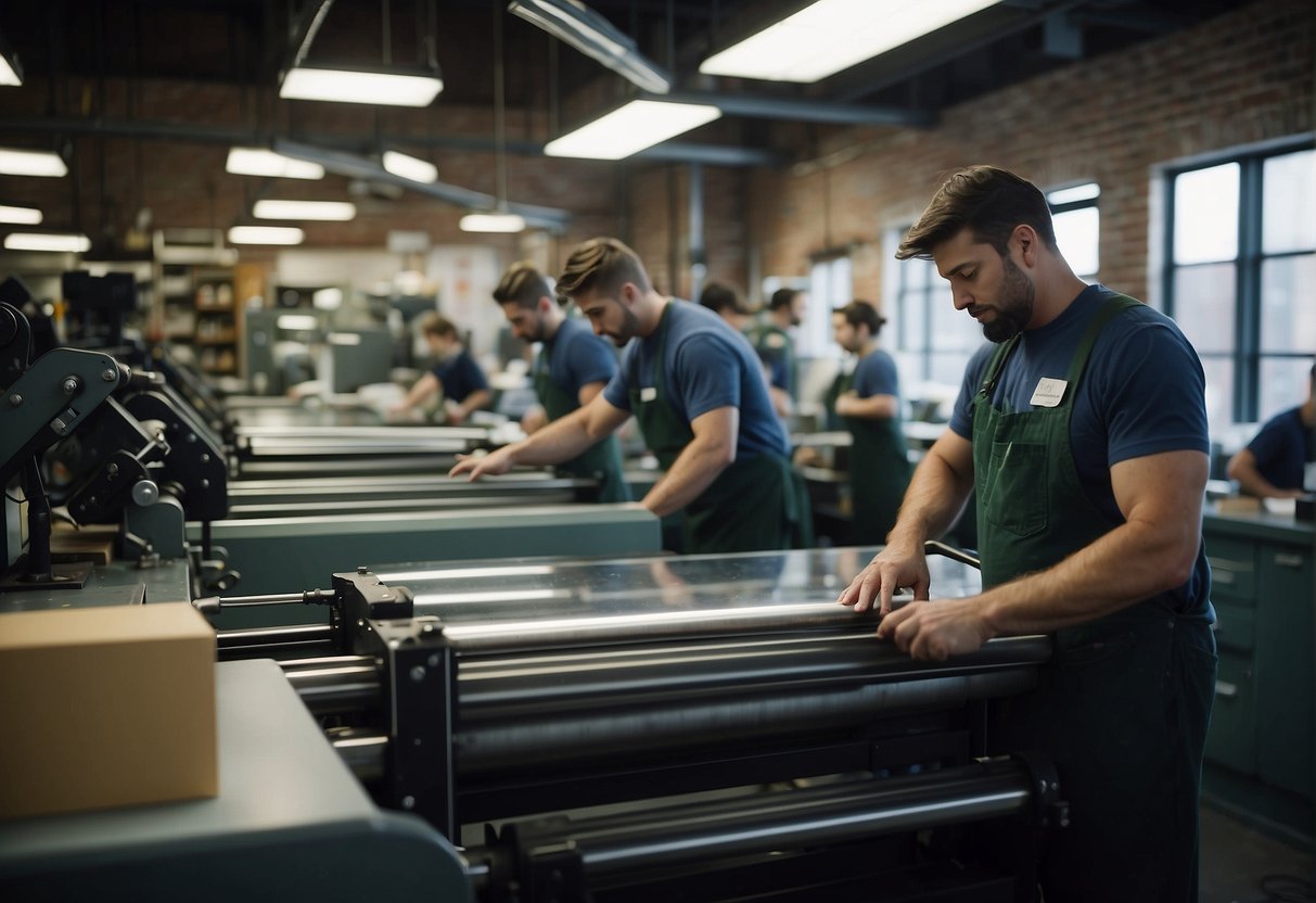 A bustling print shop in Boston produces educational materials for schools and universities, with large printing presses and workers busy at their stations