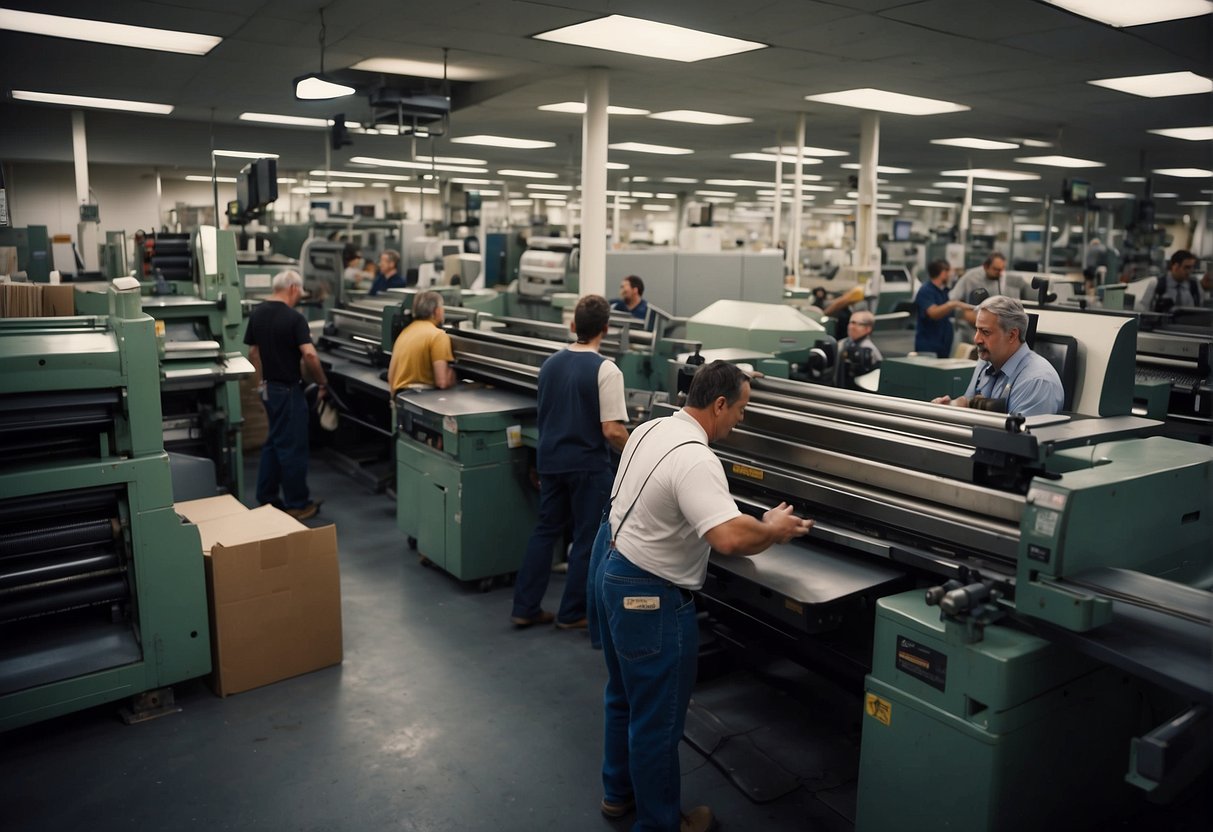 A bustling commercial printing shop in Boston, with large printing presses running and workers collaborating in professional associations and networks
