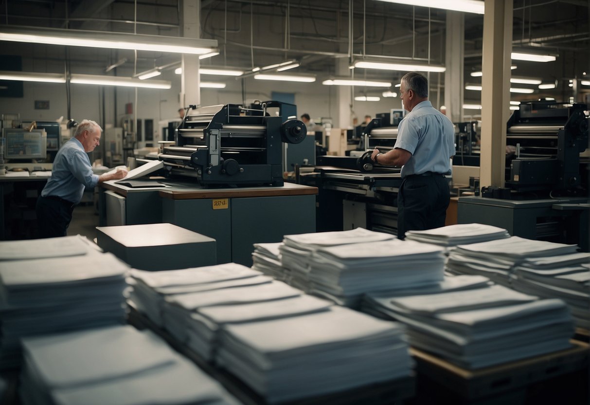 A bustling commercial printing shop in Boston, with large printing presses, stacks of paper, and employees working diligently to fulfill orders