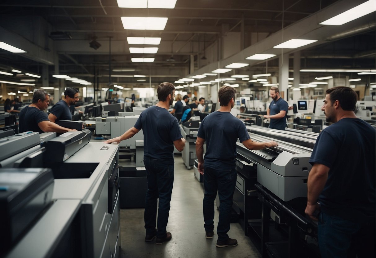 A busy commercial printing shop in Boston with multiple printers running, workers handling paper and ink, and customers discussing orders