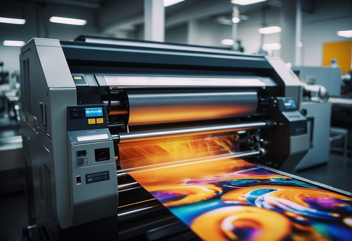 A large commercial printer in Orange County churns out vibrant colored posters and flyers, with the machines humming and paper feeding through with precision
