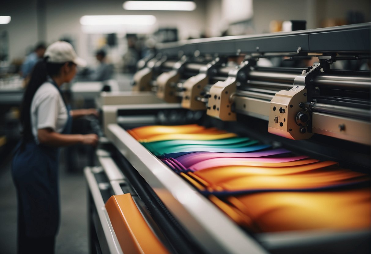 A bustling print shop in Orange County, with machines humming and workers busy producing various print products and materials