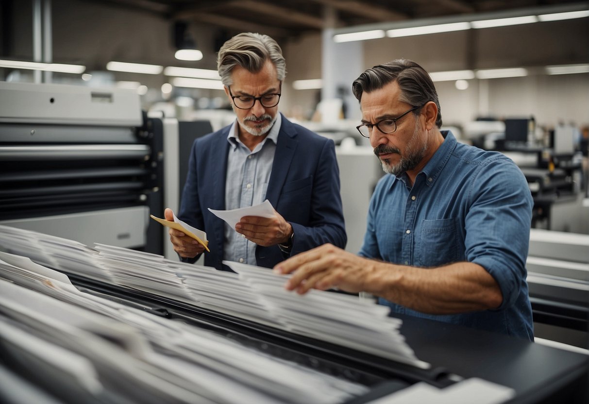 A business owner carefully examines a variety of printing samples and discusses options with a knowledgeable representative at a commercial printing company in Orange County