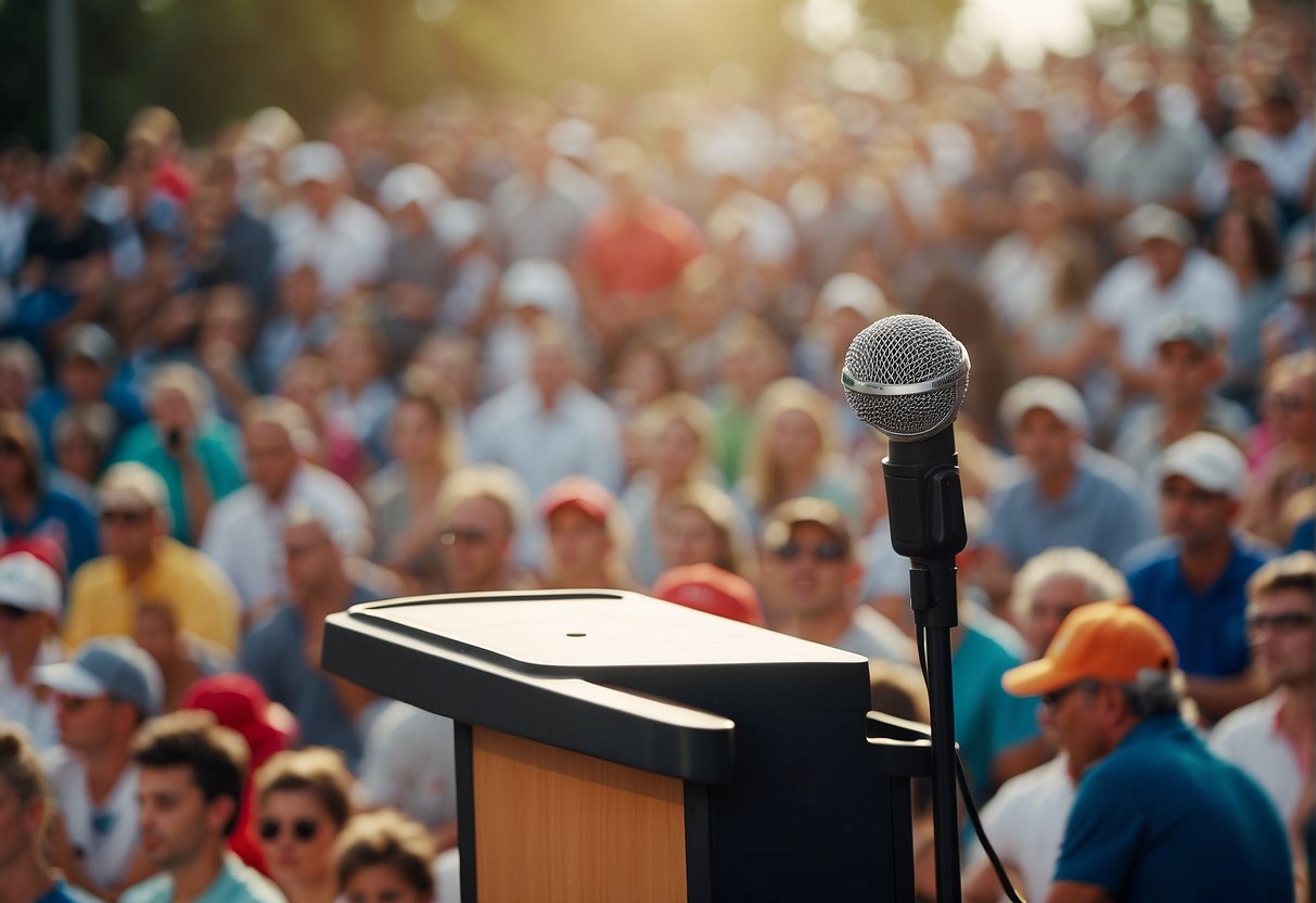 A podium with a microphone surrounded by sports equipment and a crowd of diverse individuals listening attentively