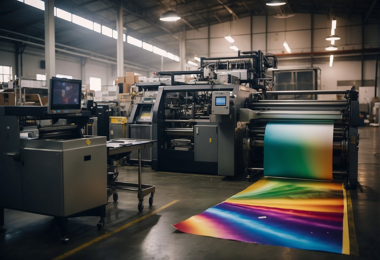 Large printing machines hum in a spacious warehouse in Los Angeles, as workers monitor the production of colorful posters and banners