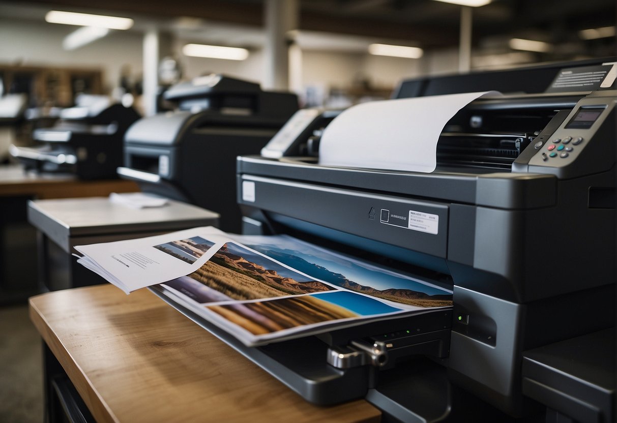 A bustling print shop in LA produces marketing materials and business printing. Machines hum as they churn out brochures, flyers, and business cards. A stack of finished products sits ready for delivery