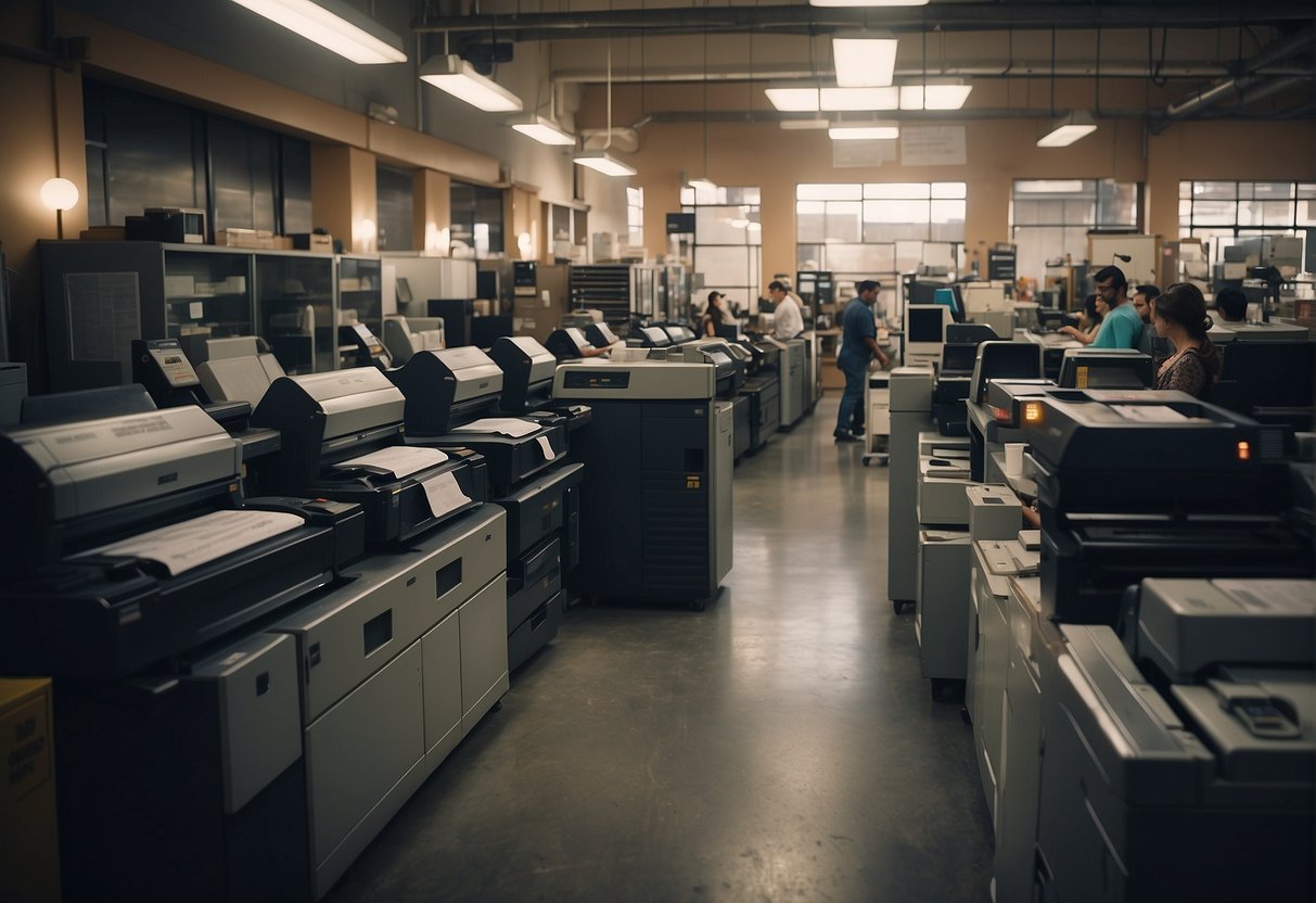 A busy printing shop in Los Angeles with customers waiting, printers running, and employees assisting