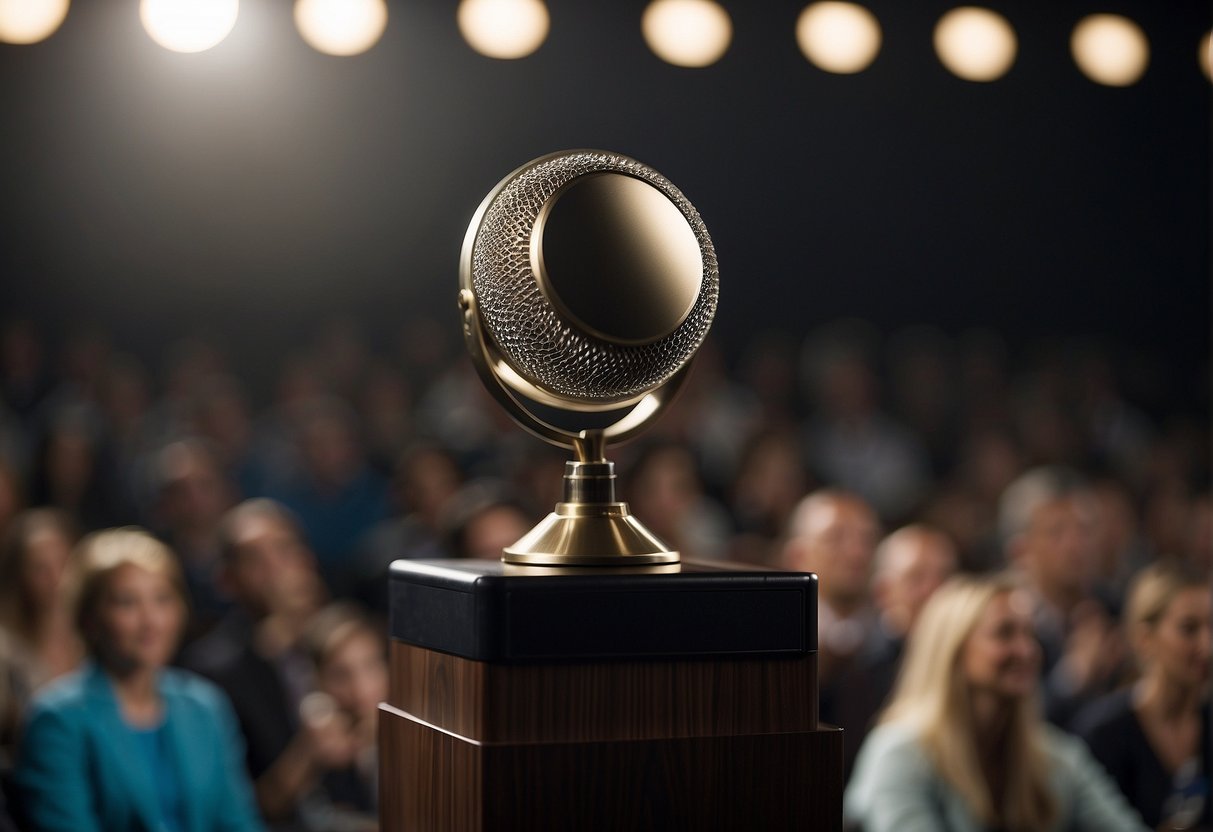 A sports speaker stands on stage, holding a prestigious award. The audience listens intently, captivated by the speaker's words. The spotlight shines on the speaker, emphasizing the significance of the moment