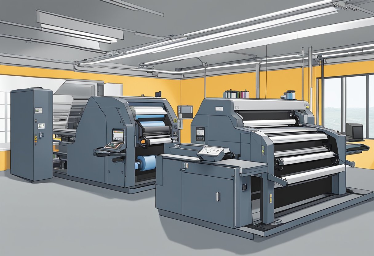 A sleek, modern printing press hums with efficiency, producing crisp, vibrant materials. The space is clean and organized, with state-of-the-art equipment and a team of skilled technicians ensuring top-quality printing