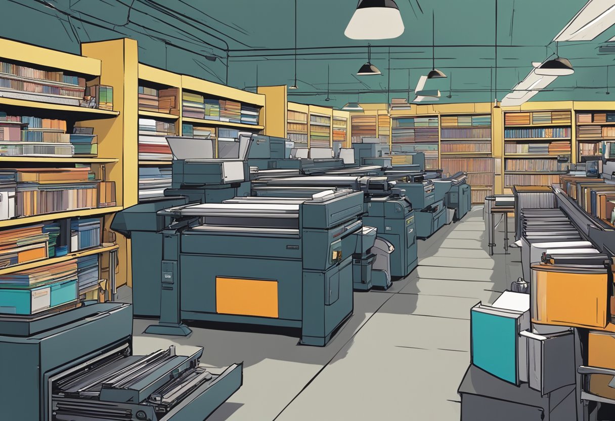 A bustling print shop in Boston, with large industrial printers humming as they produce various commercial materials. Brightly colored posters, brochures, and business cards are stacked neatly on shelves, ready for distribution