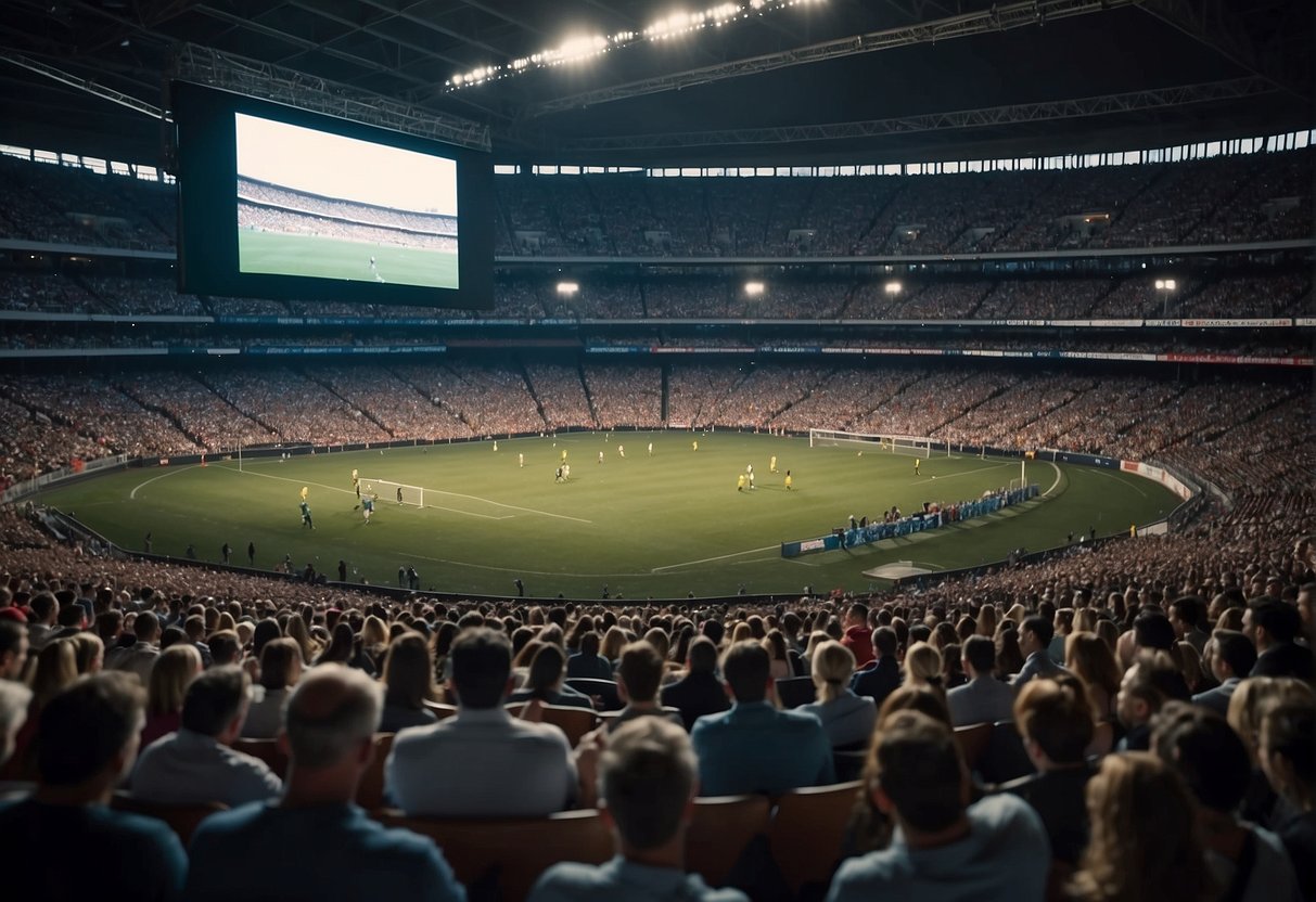 A crowded stadium, with a diverse audience, watching a speaker at a sports event. The speaker's image is projected on a large screen, while the crowd's reactions vary