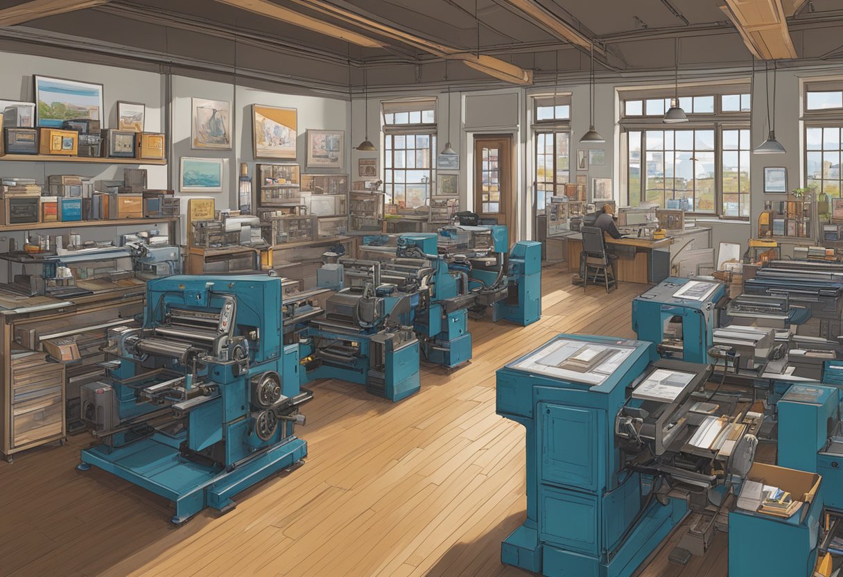 A bustling print shop in Boston, with state-of-the-art machinery and vibrant branding samples on display
