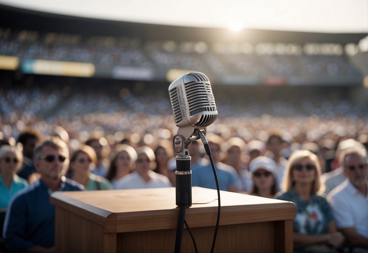 A podium with two microphones, one labeled "ethics" and the other "integrity," set against a backdrop of a stadium filled with spectators