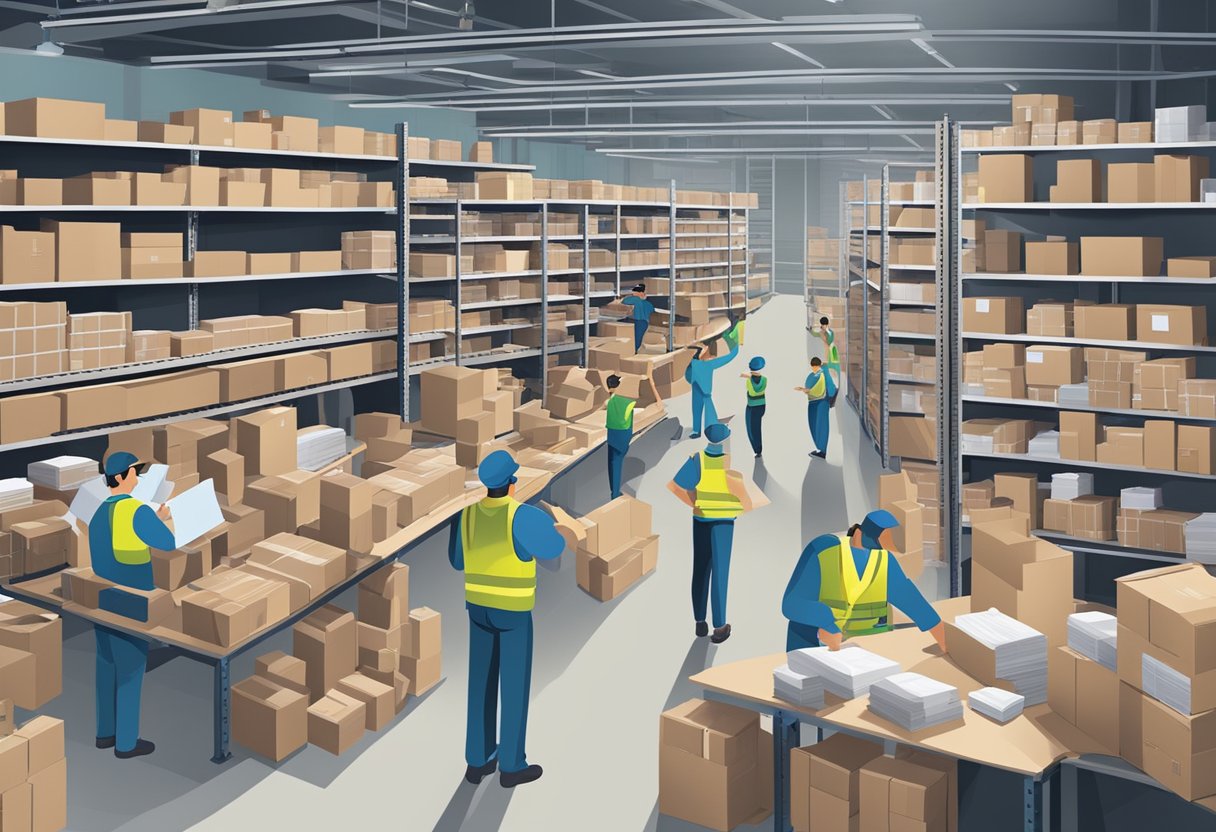 A bustling warehouse with shelves of printed materials, conveyor belts, and workers packaging orders for shipment