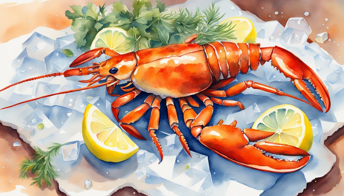 A lobster lies on a bed of ice, its shell glistening in the light, surrounded by lemon wedges and fresh herbs