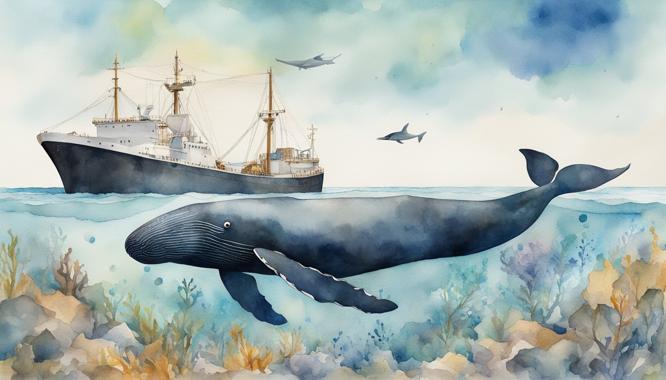 A right whale swims peacefully amidst ocean debris, while a looming ship approaches, representing the threats it faces