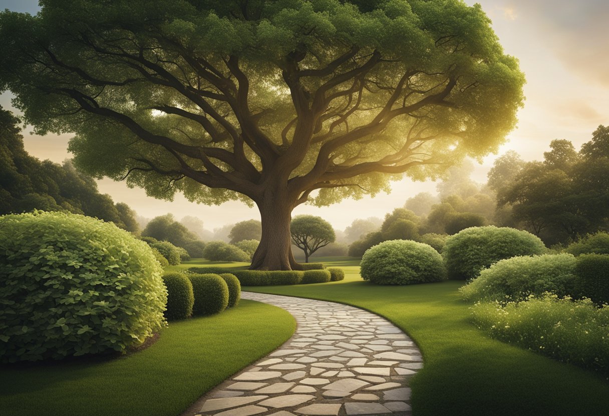 A serene garden with a winding path leading to a towering tree, symbolizing personal growth and self-improvement. The tree's branches reach out towards the sky, representing the mastery of the mind