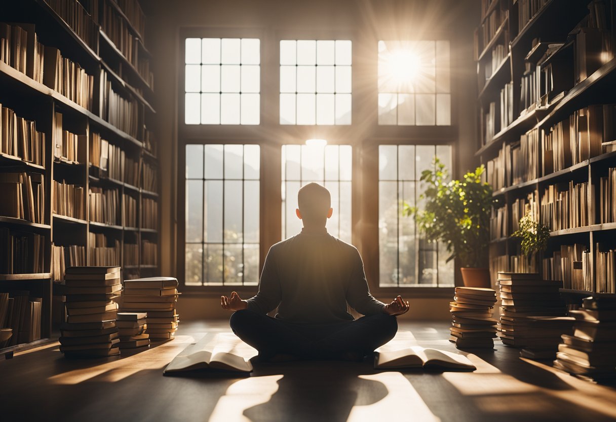 A serene, focused individual sitting in meditation, surrounded by books and journals, with rays of light streaming in through a window, symbolizing personal growth and cognitive mastery