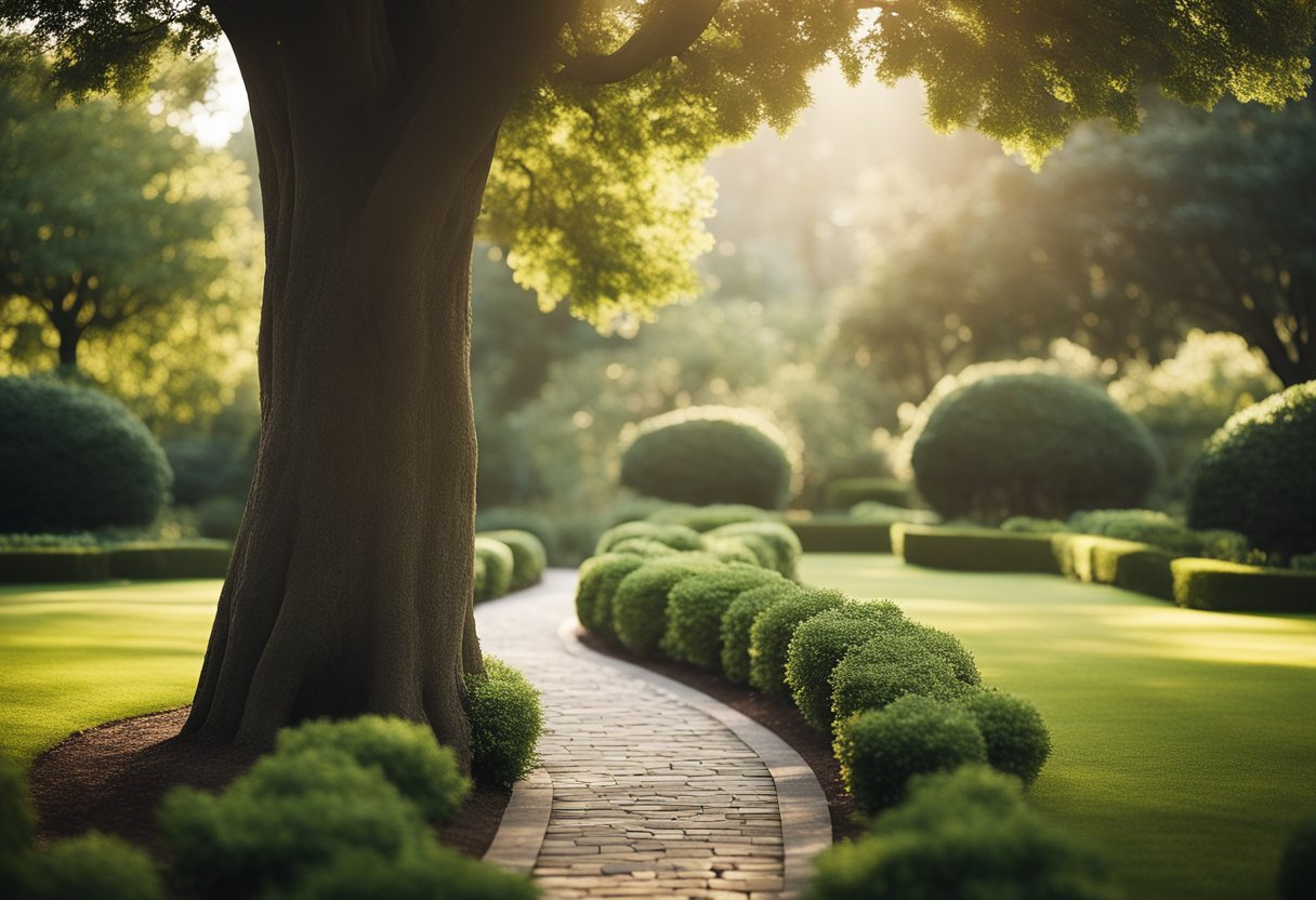 A serene garden with a winding path leading to a towering tree, symbolizing personal growth and the journey towards self-improvement