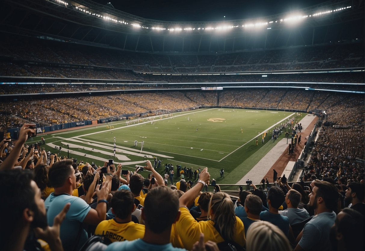 A stadium packed with cheering fans, as athletes engage with them through social media, creating a buzz and enhancing their presence in the sports world