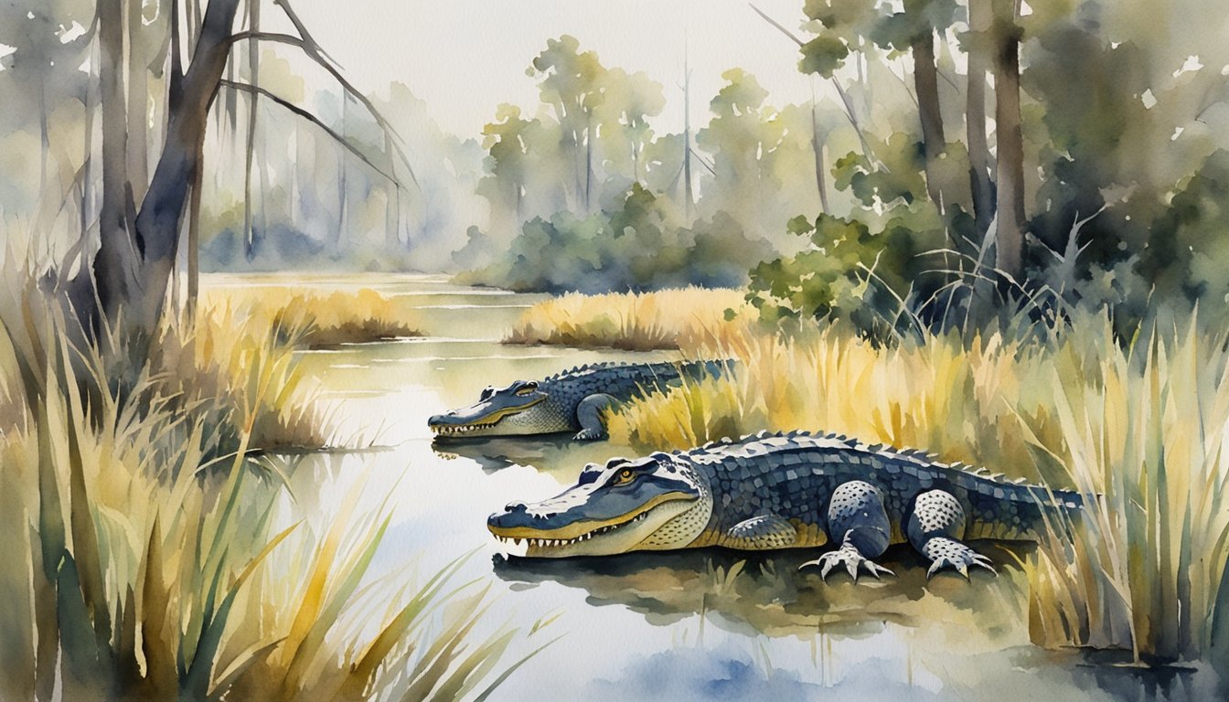 Crocodiles basking in the sun near a murky river in the marshy wetlands of America.</p><p>Tall grass and cypress trees surround the area