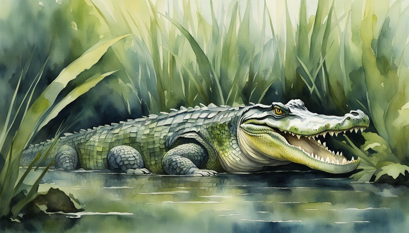 A crocodile lurking in a murky American swamp, its scaly body partially submerged as it watches for prey