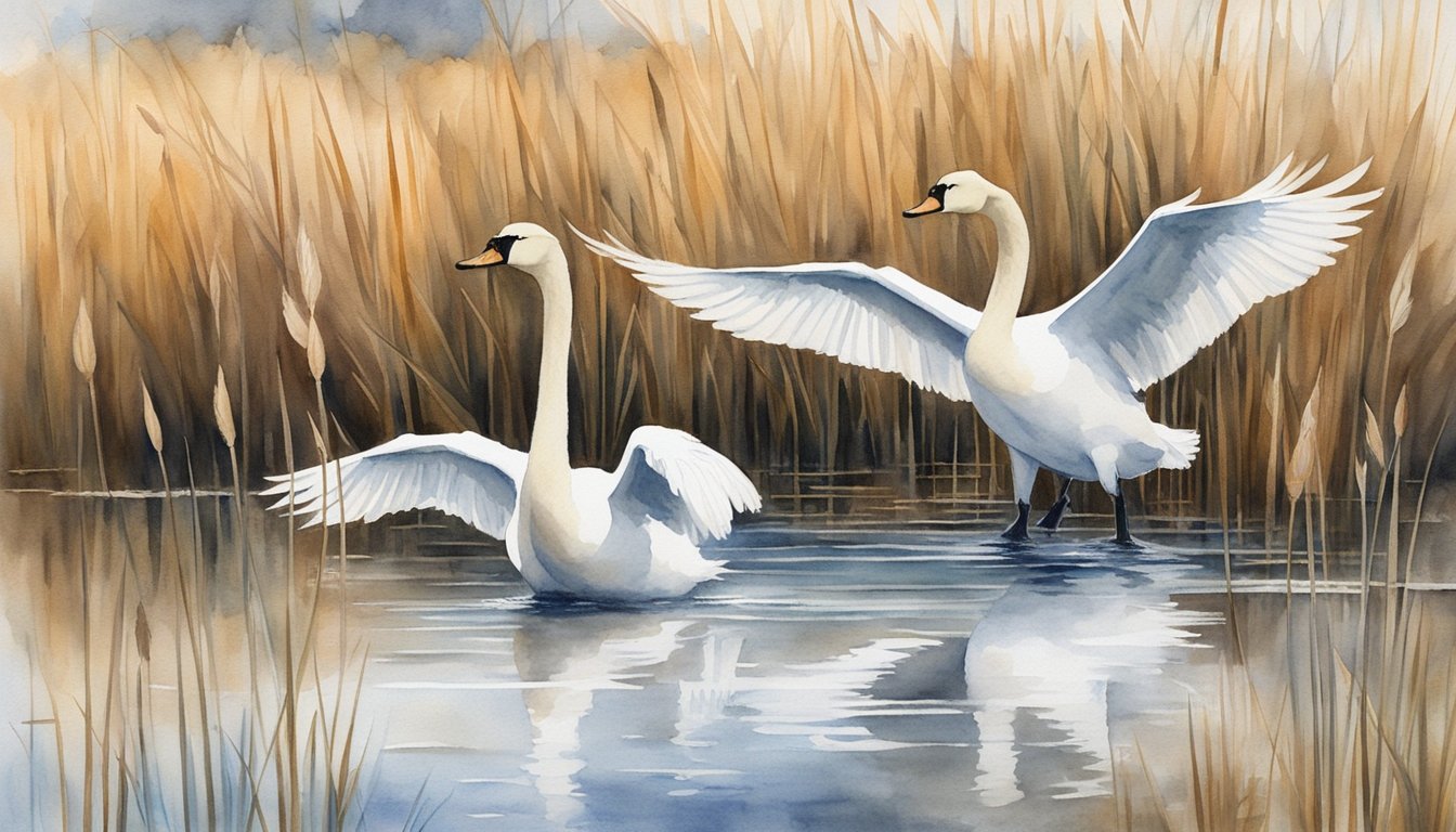 Tundra swans swimming in a shallow, marshy pond, surrounded by tall grasses and cattails.</p><p>A pair of swans are gracefully gliding across the water, while another is preening its feathers on the bank