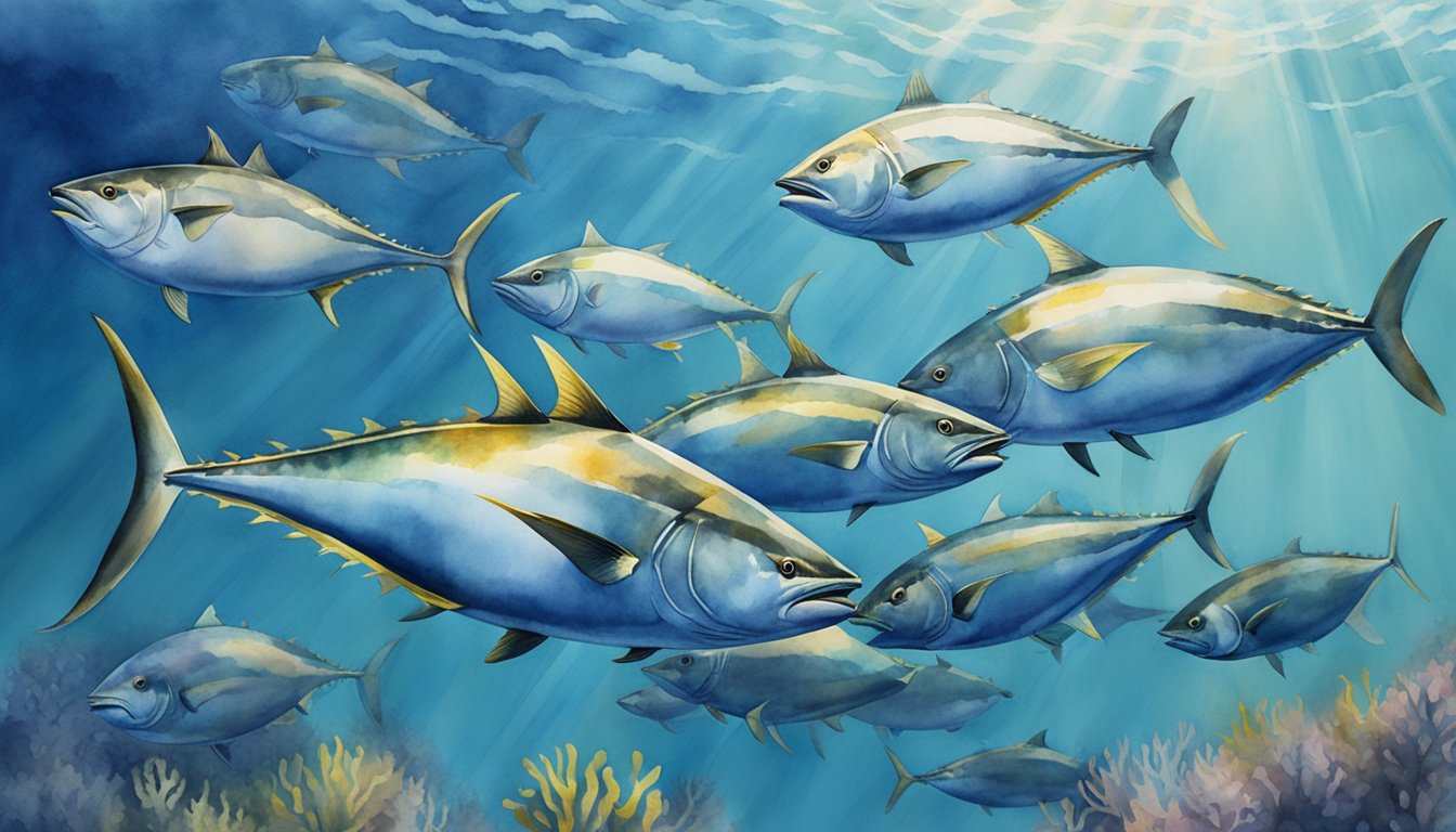 A school of bluefin tuna swims in deep ocean waters, their sleek bodies glinting in the sunlight.</p><p>The delicate balance of their ecosystem is evident, highlighting their endangered status