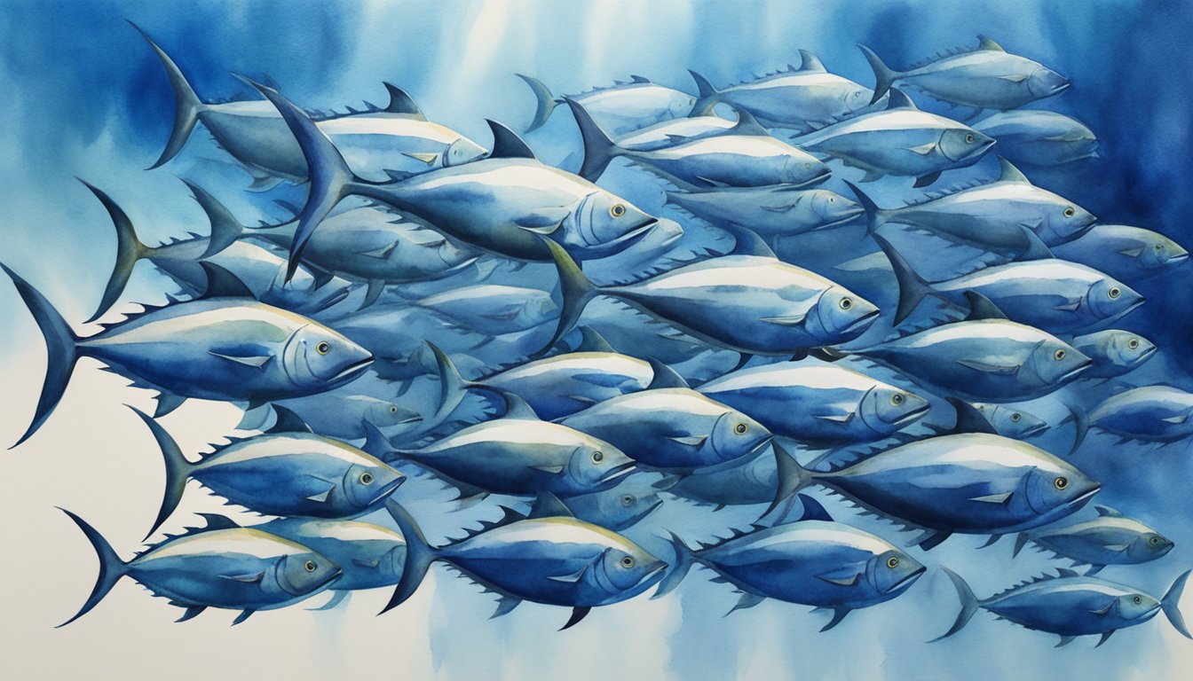 A school of bluefin tuna swims gracefully in the deep blue ocean, their sleek bodies shimmering in the sunlight.</p><p>Their powerful tails propel them forward as they navigate through the water with ease