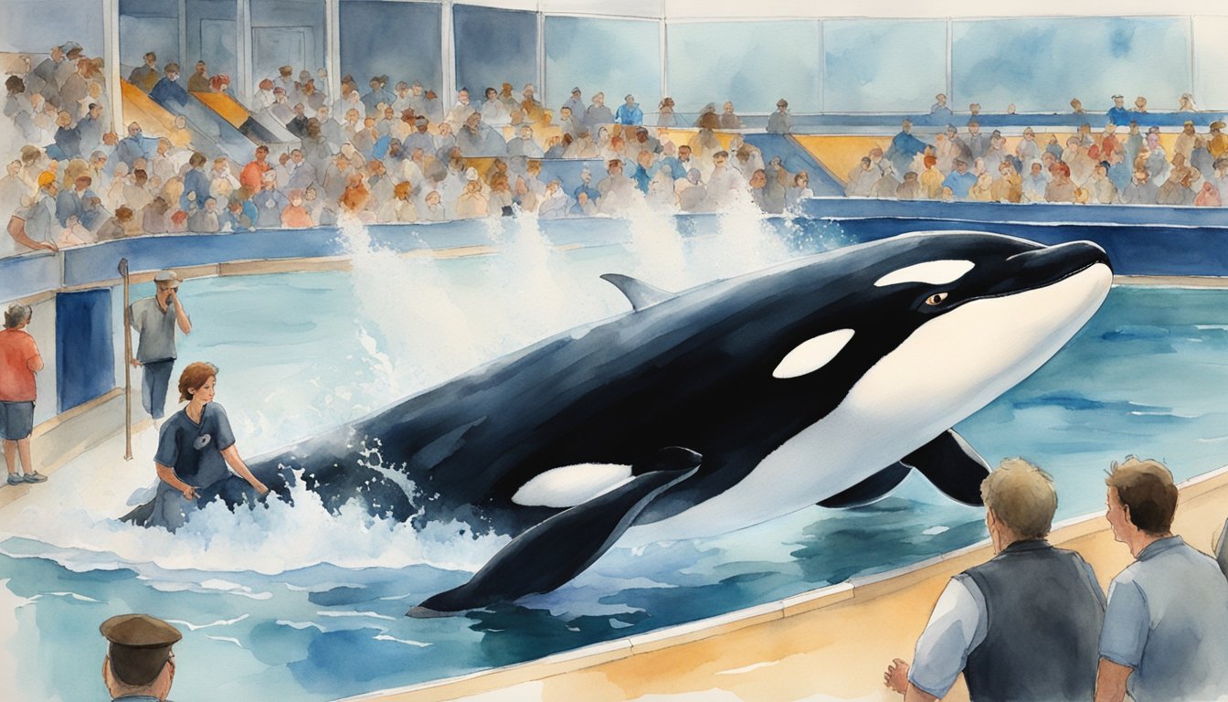 The orca's powerful jaws clenching the trainer's lifeless body, blood staining the water, while onlookers watch in horror from the sidelines