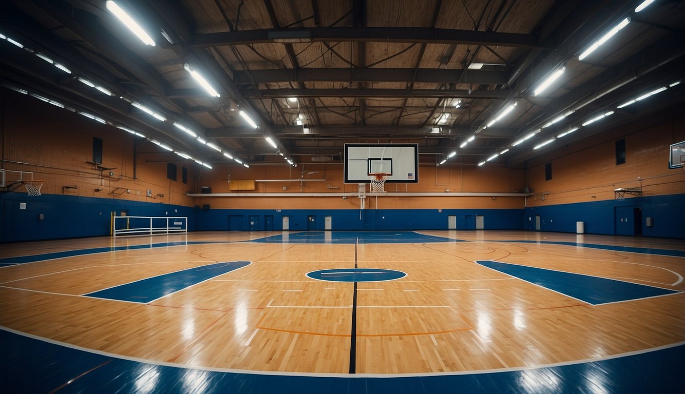 A regulation basketball court is 94 feet long and 50 feet wide. The court is divided into two main sections, with a hoop at each end