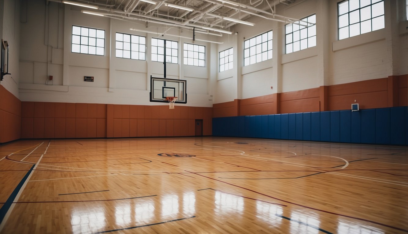 A regulation basketball court is 94 feet long and 50 feet wide, with hardwood flooring and painted lines marking the boundaries and key areas