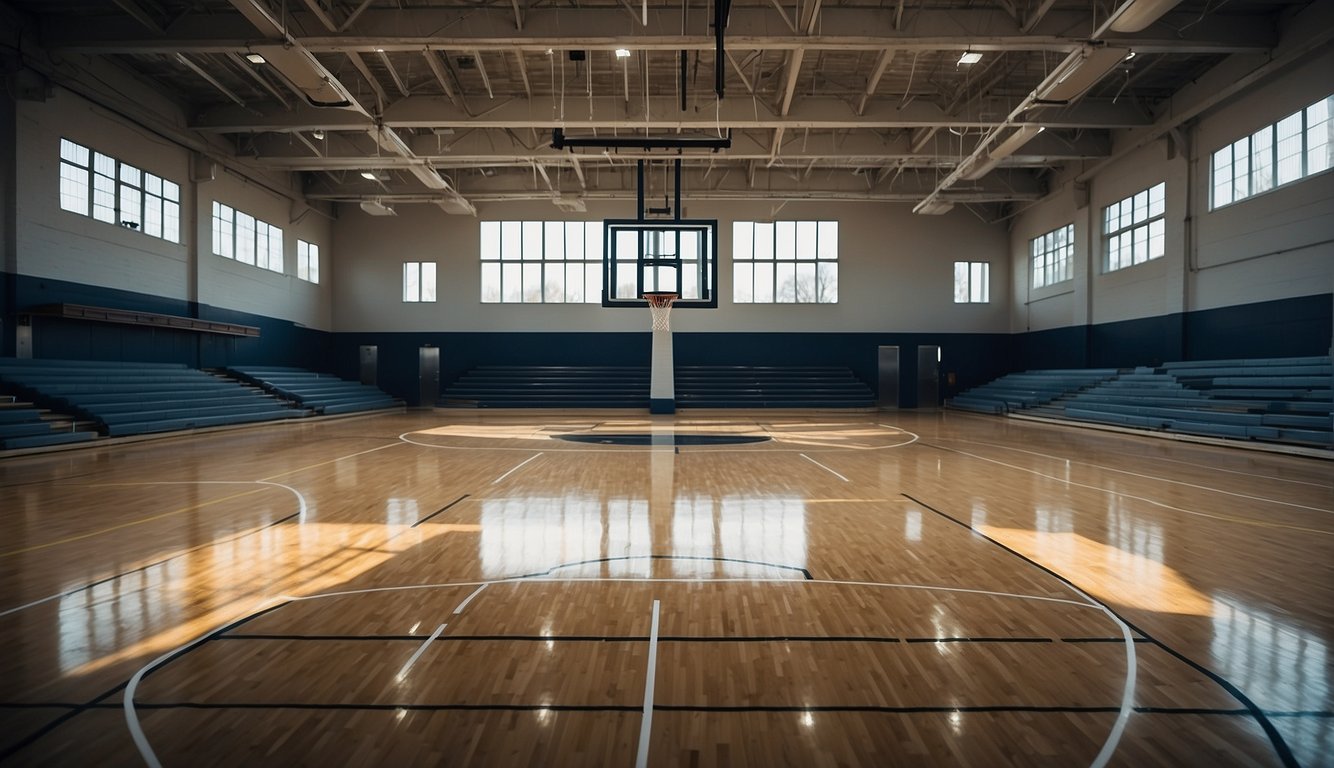 A regulation basketball court measures 94 feet in length and 50 feet in width. The court is divided into two main sections, with a hoop at each end