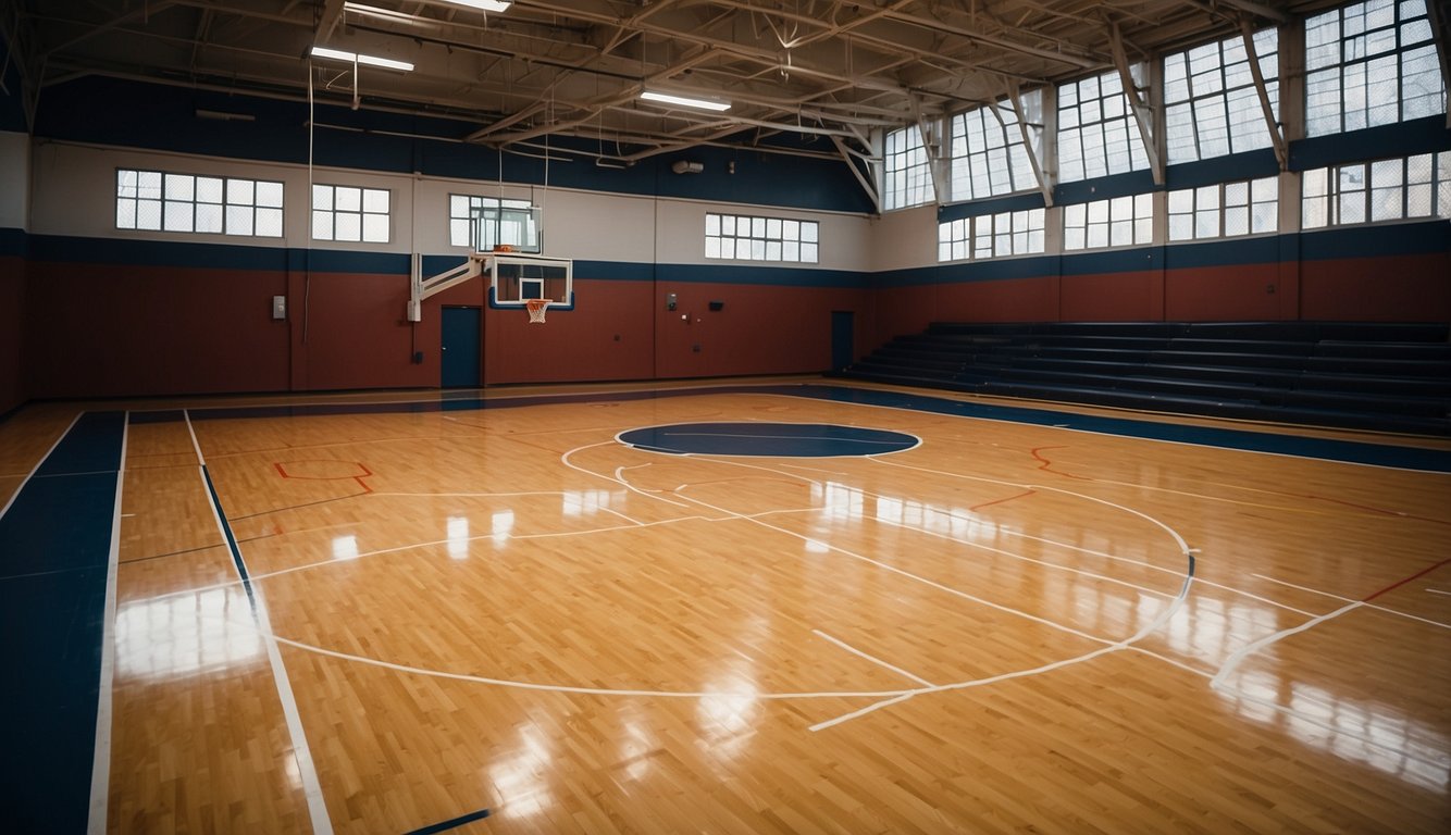 A regulation basketball court is 94 feet long and 50 feet wide, with a hoop at each end. The court is divided into two halves by a midcourt line, and includes key areas, three-point lines, and out-of-bounds boundaries