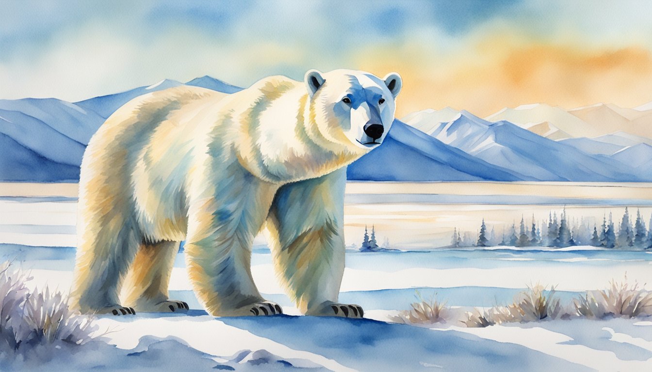 A polar bear stands on the icy tundra, surrounded by snowy mountains and a bright blue sky.</p><p>The bear's fur glistens in the sunlight as it looks out over the frozen landscape