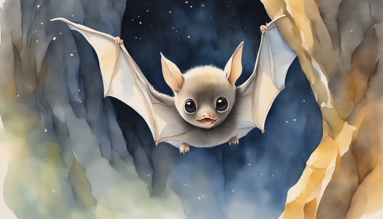 A baby bat hangs upside down, eyes wide open, tiny wings outstretched, and ears perked up, as it listens to the echo of its own high-pitched calls bouncing off the cave walls