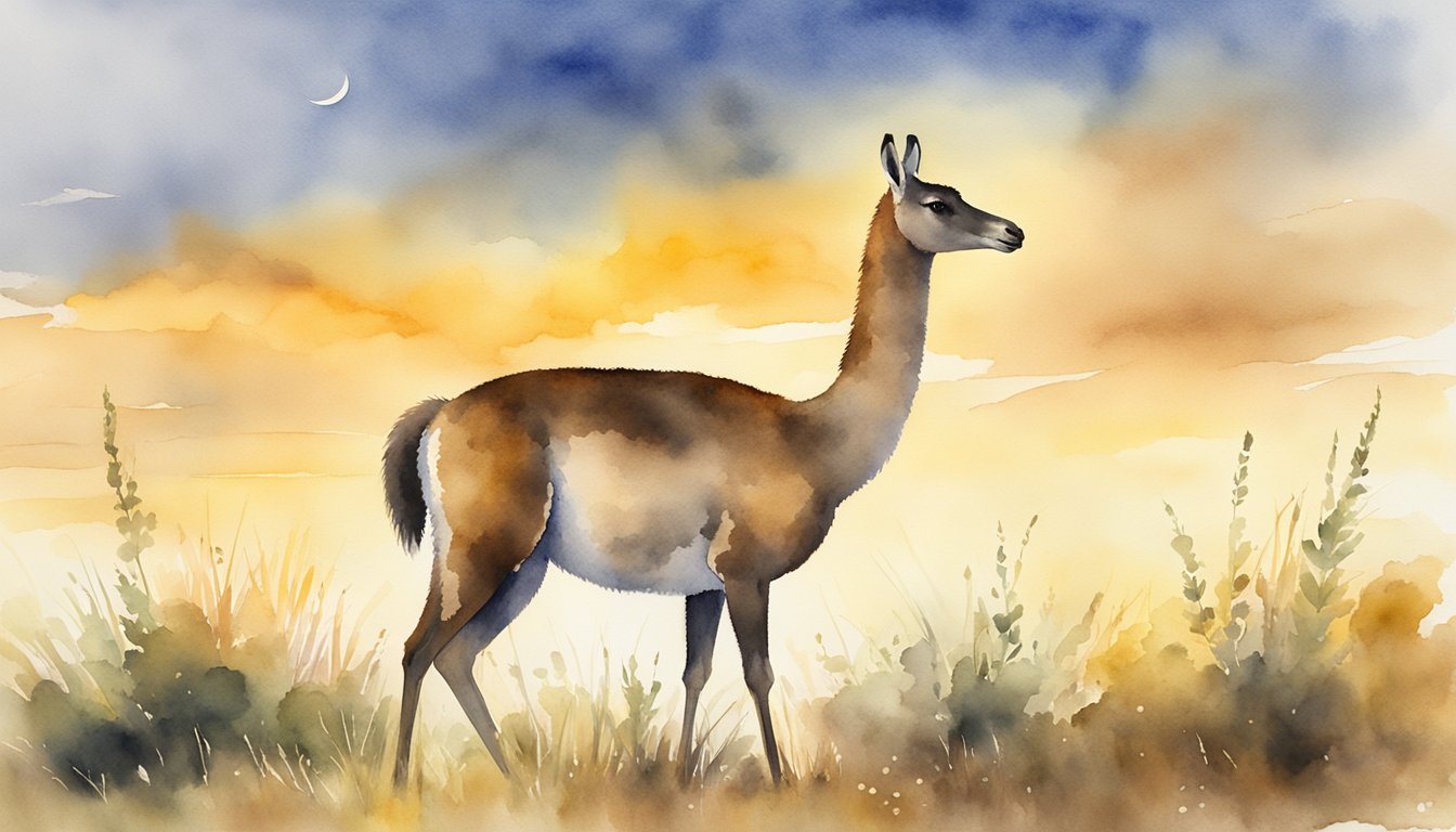 A guanaco stands tall in a grassy plain, its elegant body silhouetted against the golden sunset.</p><p>The majestic creature exudes a sense of freedom and wild beauty