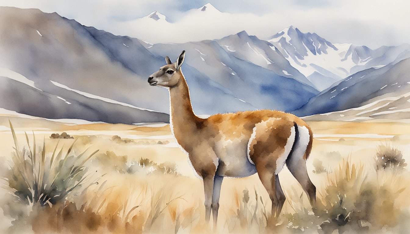 A guanaco grazes peacefully in a grassy field, surrounded by rocky mountains.</p><p>It stands tall and alert, its fur blending in with the earthy tones of the landscape