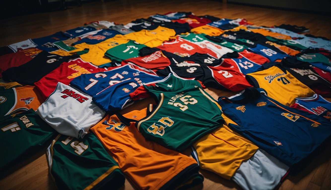 A pile of cheap basketball jerseys scattered on the floor