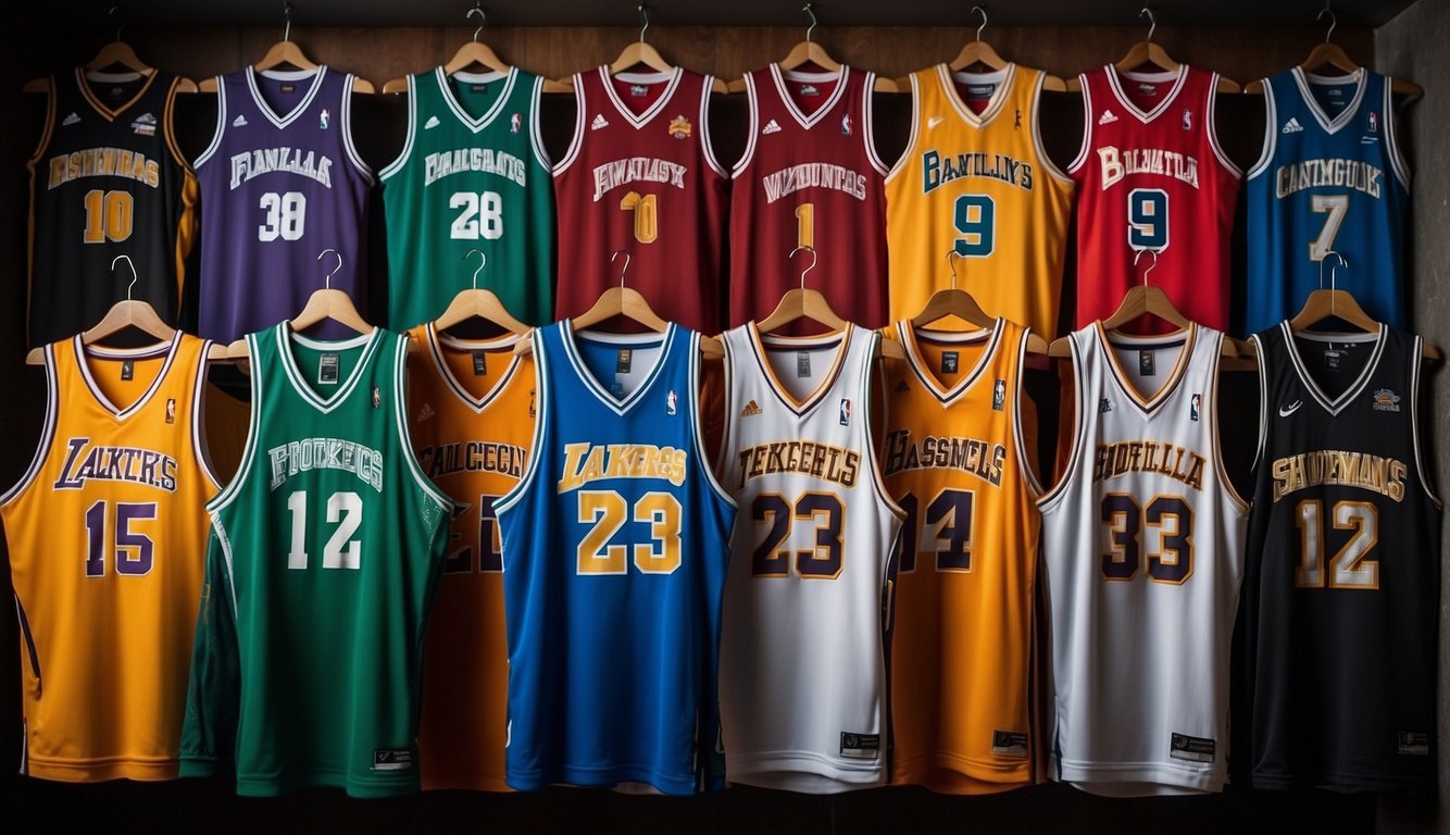 Basketball jerseys hanging on a rack, varying in colors and sizes. Logos and numbers displayed prominently on the front and back