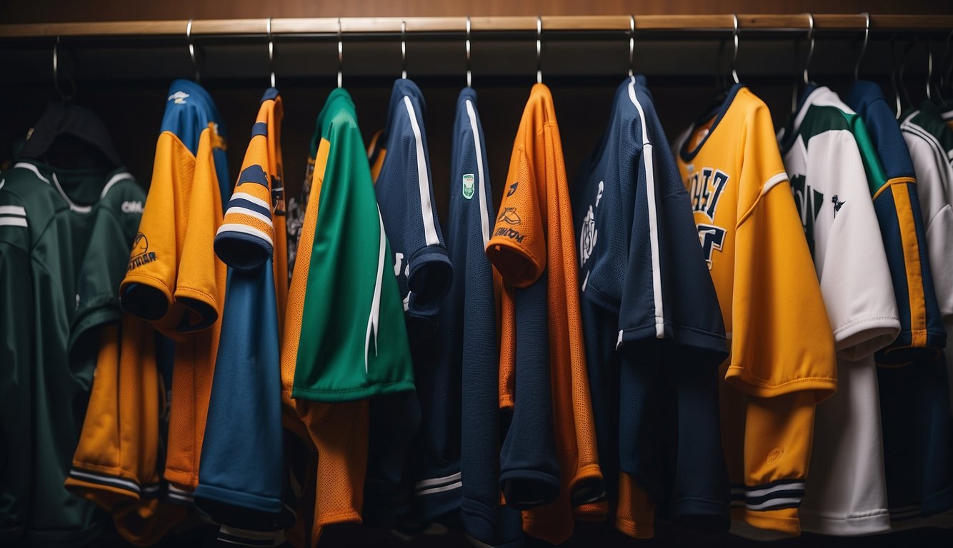 Top basketball players selecting jerseys from a rack of cheap options