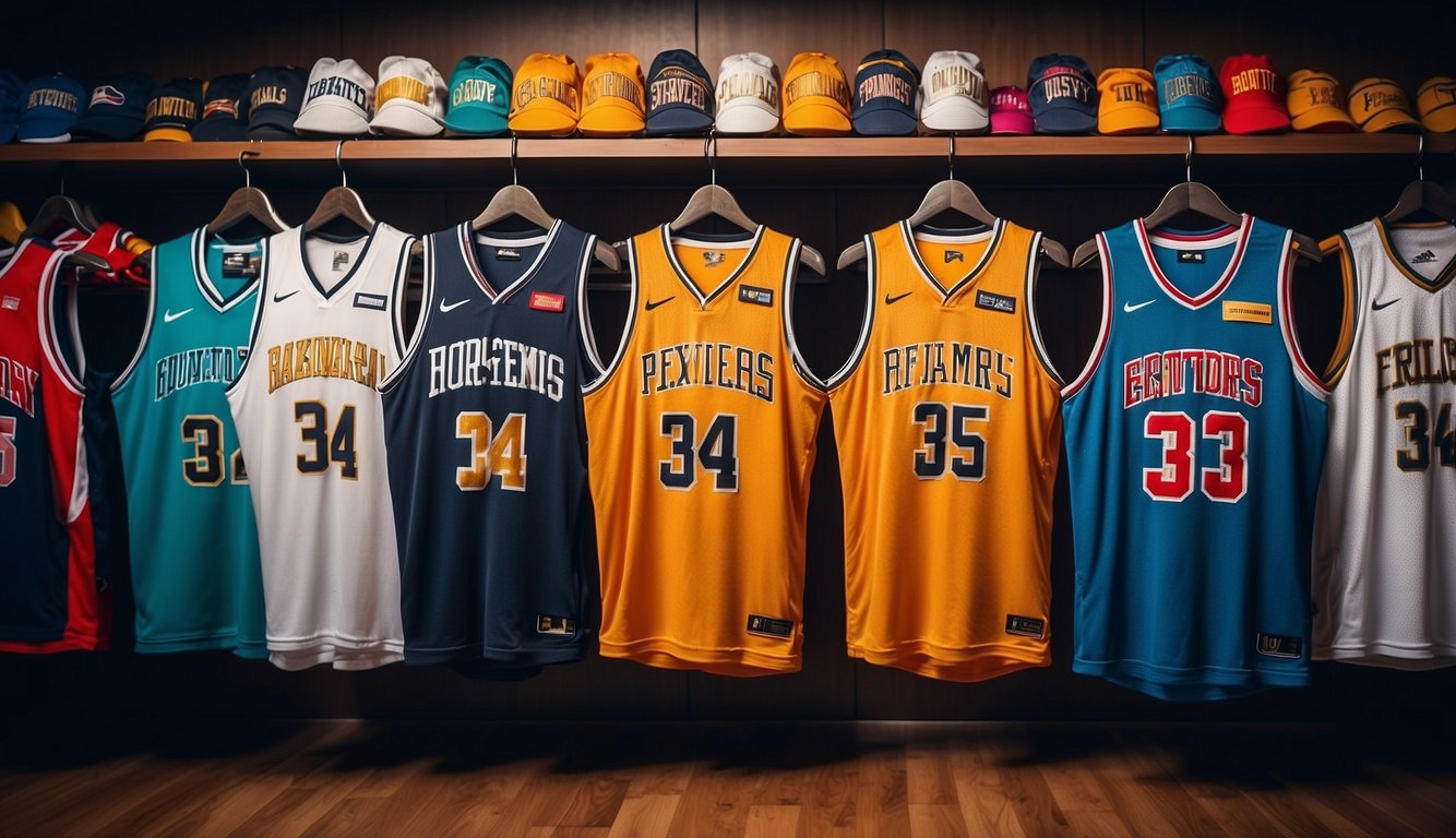 A display of limited edition and special release cheap basketball jerseys arranged on shelves