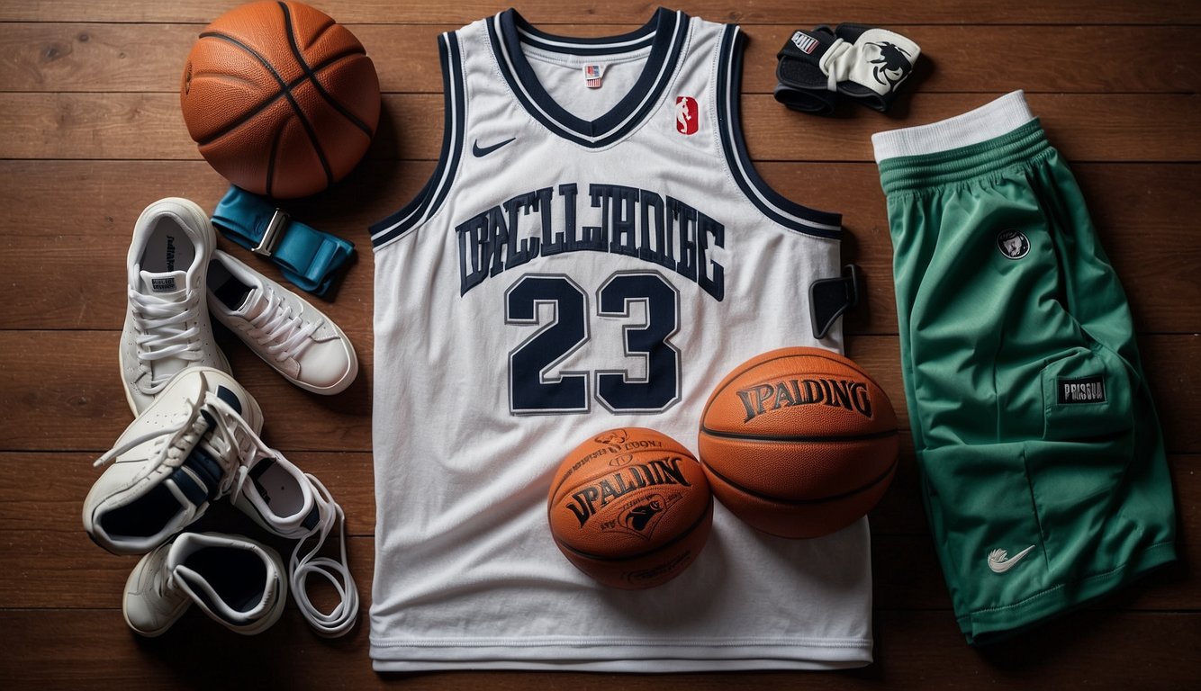 A basketball jersey laid out with various accessories like wristbands, headbands, and a pair of sneakers next to it