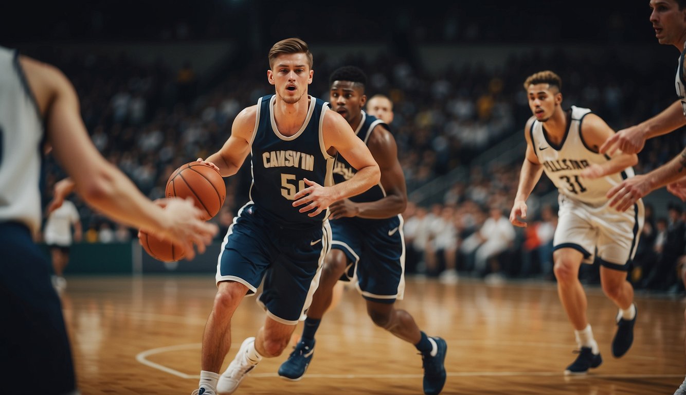 Players dribbling, shooting, and passing on a basketball court. Fans cheering in the stands. Coaches instructing and guiding the players. A sense of camaraderie and teamwork