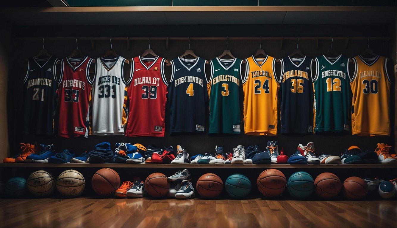 A pile of cheap basketball jerseys scattered on the floor, with a few hanging on hooks, in a dimly lit locker room